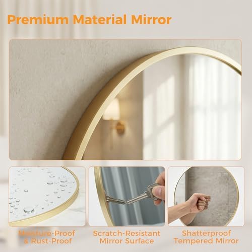 20 Inch Gold Round Bathroom Wall Mirror, Round Mirrors for Wall Decor, Circle Mirror for with HD Shatter-Proof Glass