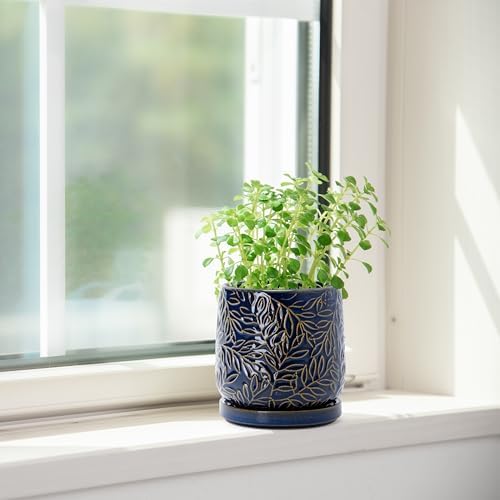 D'vine Dev Embossed Leaves Ceramic Planter, 4 in, Midnight Blue, 27-A-Z-3