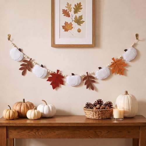 Frienda 8.2 ft Fall Pumpkin Garland with Maple Leaves Wood Beads Felt Decor