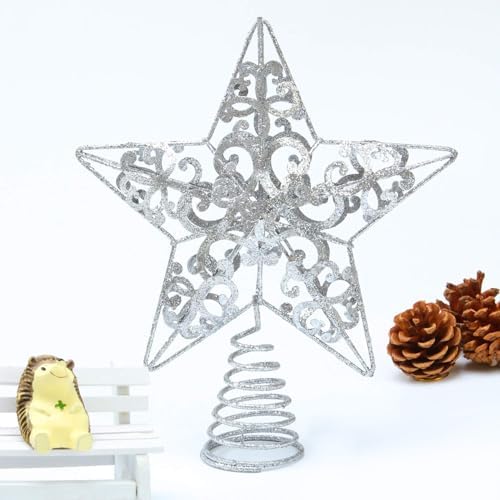Aneco 10 Inches Christmas Treetop Star Metal Glittered Christmas Tree Topper Xmas Tree Decoration Topper for Christmas Holiday Home Office School Mall Decor, Silver