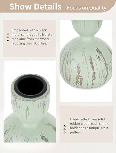 NUPTIO Wooden Taper Candle Holders, Set of 3 Sage Green Candlesticks