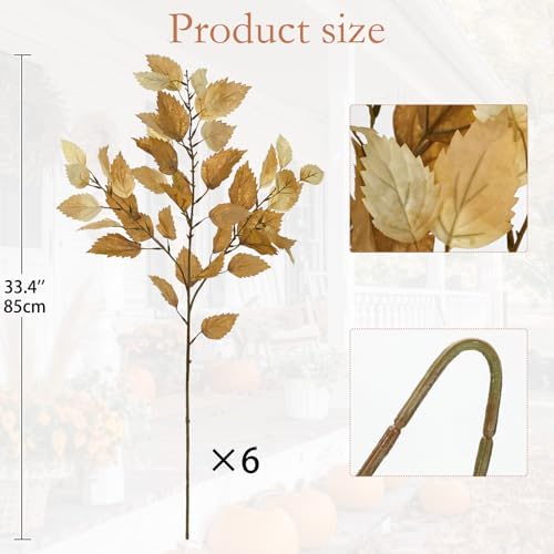 Artificial Fall Birch Leaves Stem - 6 Pcs Faux Autumn Greenery Long Stems 33.4" Tall Fake Plants with Branches Decorations for Thanksgiving Wedding Centerpieces Home Table Decor Floral Arrangements