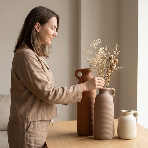 Set of 3 Matte Ceramic Vases with Handles, Textured Vases in Different Heights, Boho Farmhouse Decor for Dried Pampas