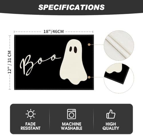 Artoid Mode Boo Ghost Halloween Placemats Set of 4, 12x18 Inch Seasonal Black Holiday Table Mats for Party Kitchen Dining Decoration
