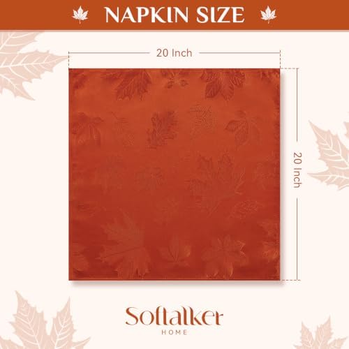 Softalker Fall Jacquard Dinner Napkins 20 x 20 Inch Set of 8, Burnt Orange