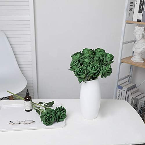 10pcs Dark Green Roses Artificial Flowers, Realistic Faux Rose with Stem