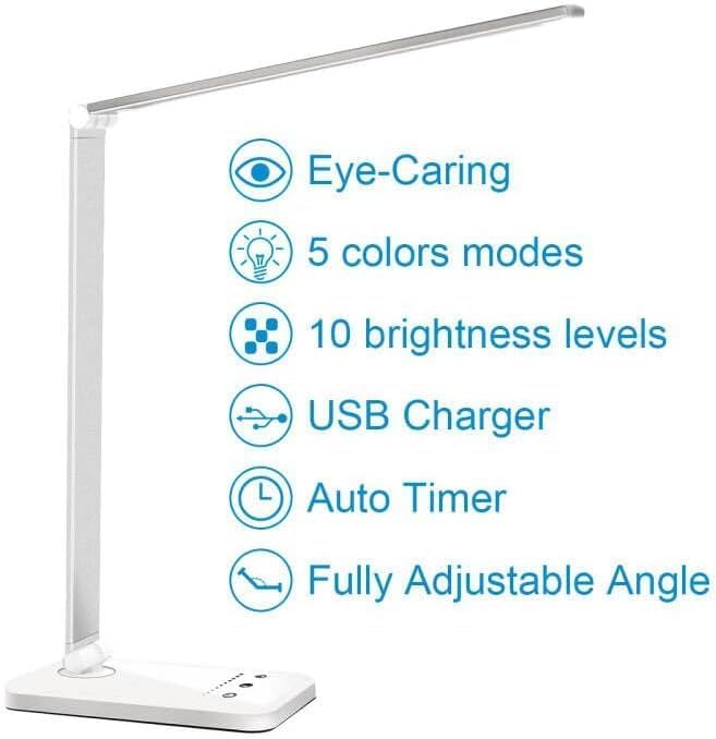 White crown LED Desk Lamp Dimmable Table Lamp Reading Lamp with USB Charging Port, 5 Lighting Modes, Sensitive Control