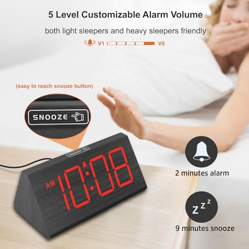 DreamSky Wooden Digital Alarm Clock for Bedrooms with Large Numbers