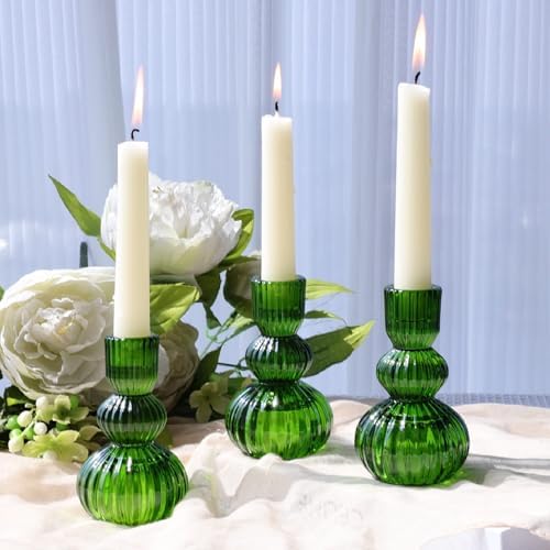 Woho 3pcs Green Taper Candle Holders, Candlestick Holders for Christmas