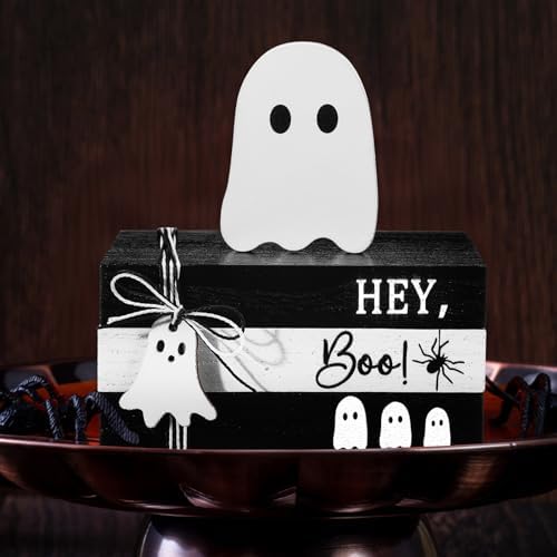 GlikCeil 4 Pcs Halloween Ghost Table Decorations Spooky Wooden Signs,White