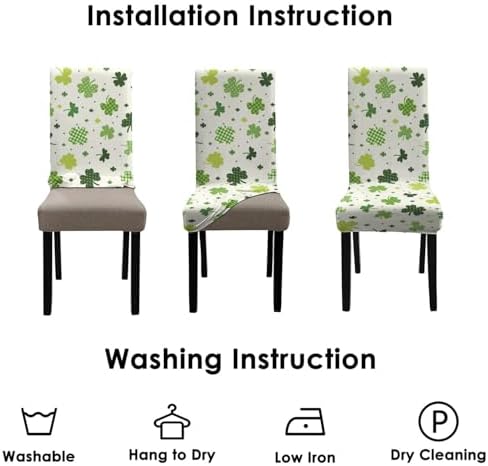 St. Patrick's Day Dining Room Chair Covers,St Patricks Day Chair Covers Set of 6, Green Four Leaf Clover Dining Chair Covers, Elastic Removable Washable Dining Chair Covers