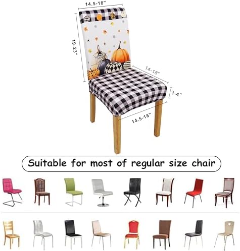 Halloween Chair Covers Set of 6, Fall Pumpkin Black/White Buffalo Plaid Chairs Slipcover for Dining Room, Removable Washable Breathable Cover in the Kitchen Restaurant Holiday Decor