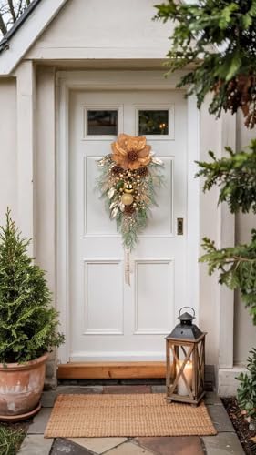 27" Champagne Artificial Christmas Teardrop Swag with Magnolia, Gold Christmas Balls, Berries Leaves Branches Pine Cones Pine Needles for Front Door, Home Window Indoor Outdoor Xmas & Holiday Decor