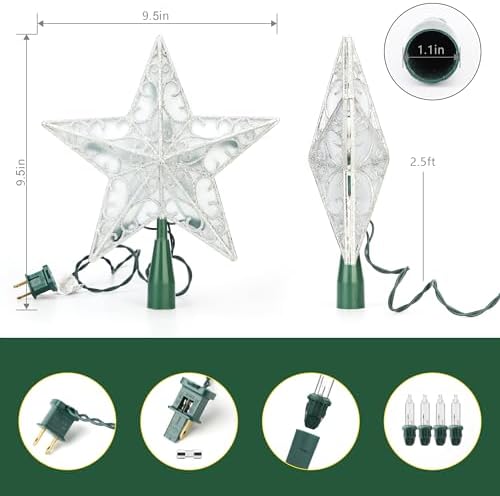 Brizled Silver Christmas Tree Topper, 9.5" 3D Xmas Star with 10 Lights
