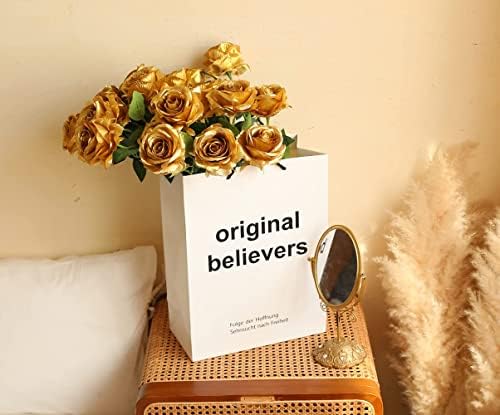 12 PCS Artificial Flowers Gold Roses Fake Silk Flower Long Stem Artificial Roses for Home Wendding Bathroom Party Decorations (Gold)