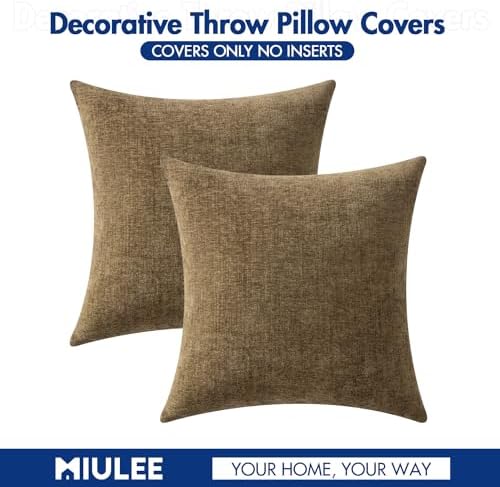 MIULEE Soft Chenille Fall Throw Pillow Covers Coffee 16x16 Inch Pack of 2