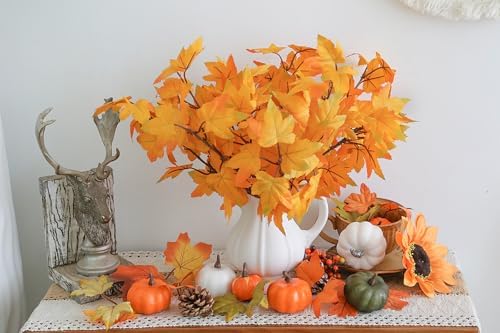 IPOPU 8PCS Artificial Maple Leaves Branches 14’’Fake Silk Fall Maple Shrubs Yellow Faux Fall Leaves Stem for Fall Decorations for Home Thanksgiving Table Centerpiece Fireplace Halloween Décor (Yellow)