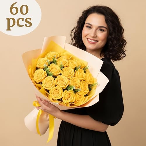 Auihiay 60PCS Yellow Roses Bulk, Yellow Velvet Silk Fake Roses