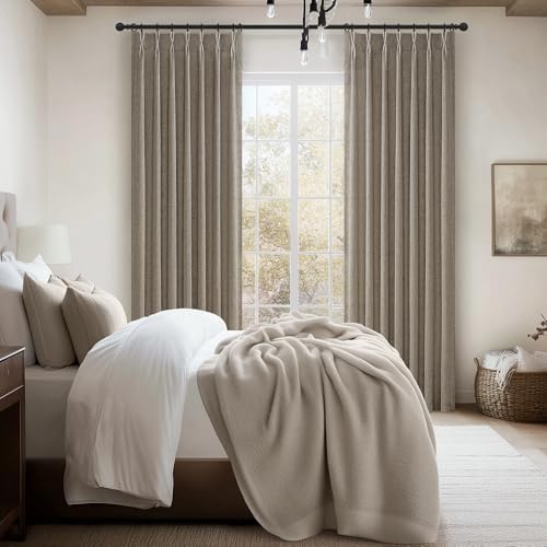 Custom Heavy Linen Pinch Pleated Kitchen 54 Inch Curtains 2 Panels Set, Dark Tan Boho Memory Trained Privacy Short
