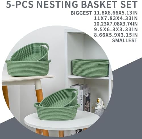 Small Cotton Rope Storage Basket Set 5 / Green