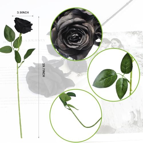 Black Artificial Roses Flowers, 12 Pcs Fake Rose in Bulk, Long Stem Realistic Silk Roses Bouquet for Centerpieces Flower Arrangement, Halloween Home Decor, Gothic Decoration (Black, 12-PCS)