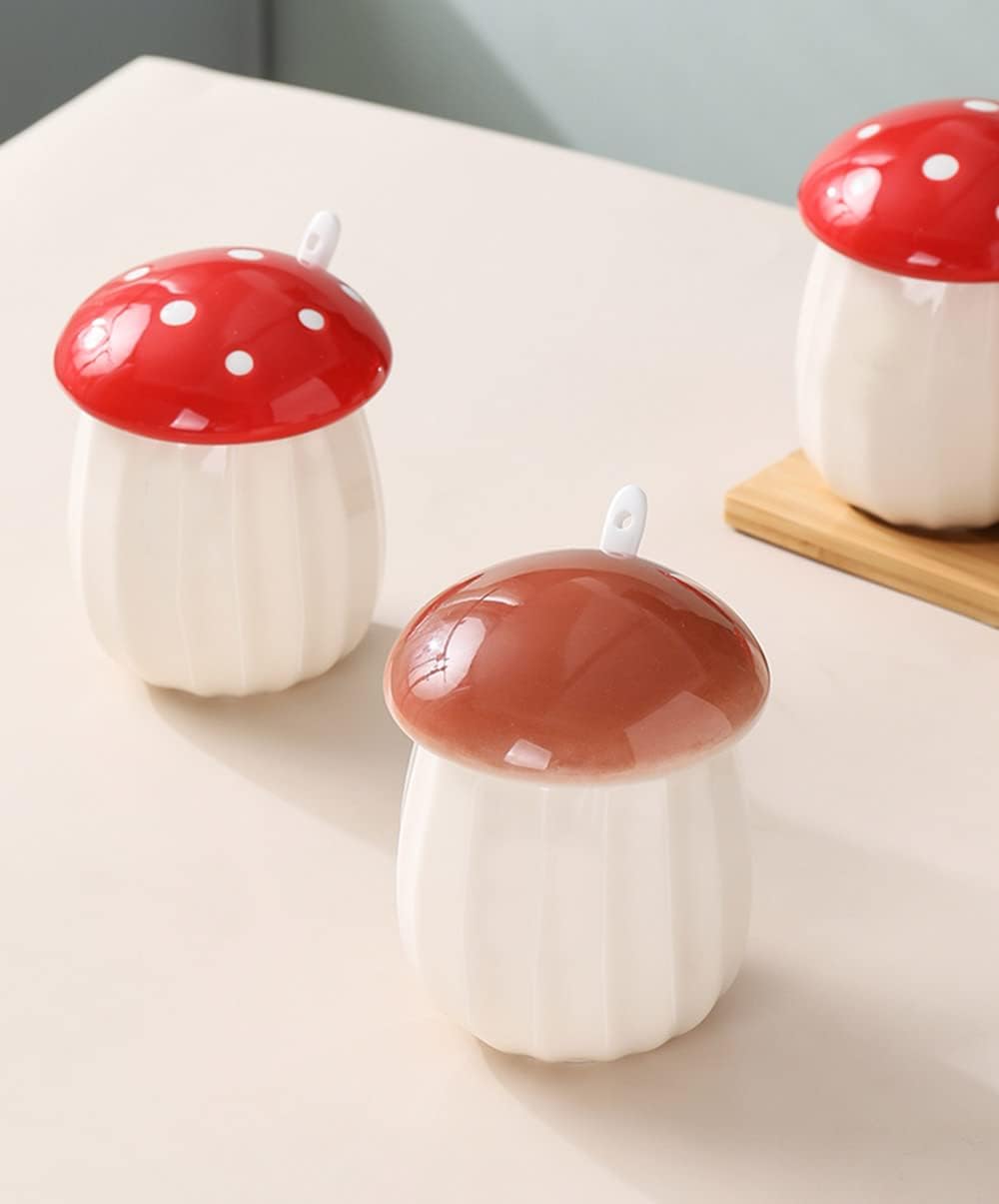 Ceramic Mushroom Shape Sugar Bowl Spice Jar Seasoning Pot / Red