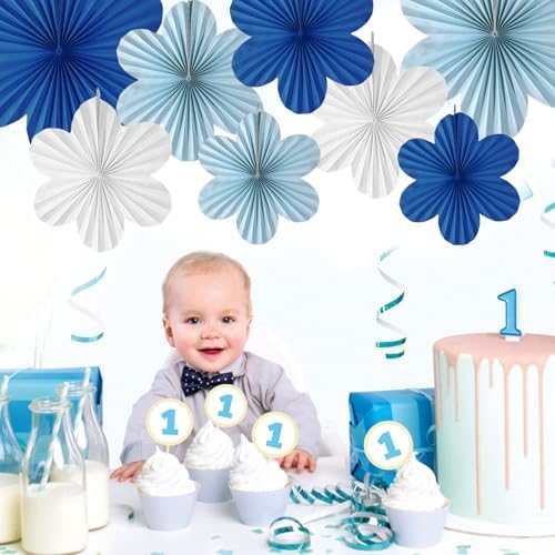 Royal Blue Party Decortaions Blue White Paper Flower Fans for 16th Boy Birthday Baby Shower Man Father Party 8Pcs