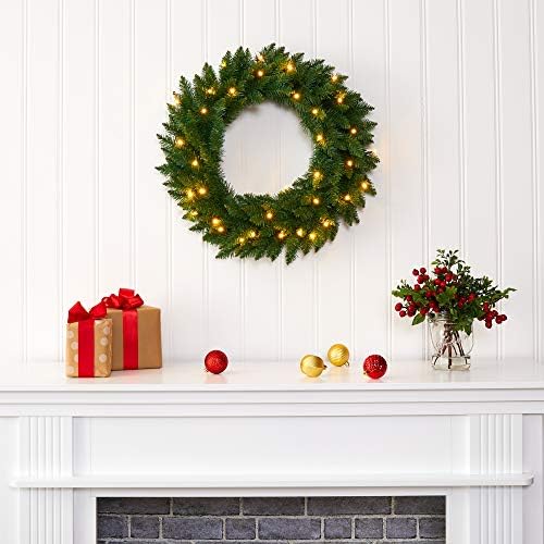 Nearly Natural 24 in Artificial Pine Wreath with 35 Clear LED Lights