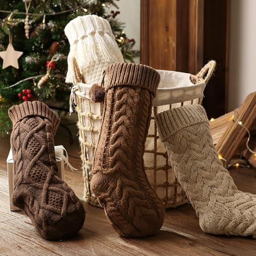 Farmhouse Knitted Personalised Christmas Stockings: 4 Pack 18 Inch Rustic Neutral Cable Knit Fireplace Stockings, Rustic Cozy Hanging Xmas Stocking Decorations for Family Holiday Décor, Earth Tones