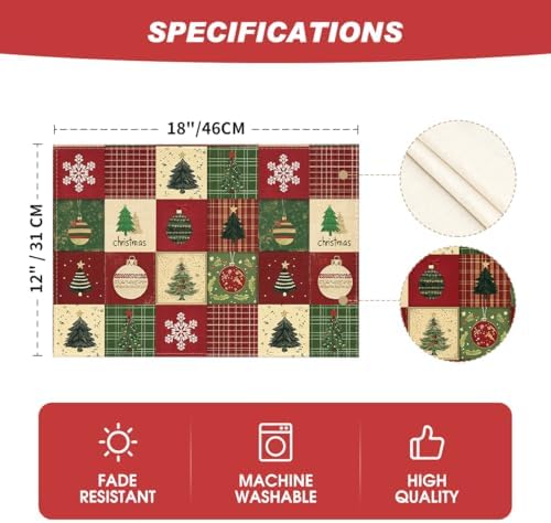 Artoid Mode Xmas Trees Christmas Balls Placemats Set of 4, 12x18 Inch Table Mats for Winter New Year Holiday Party Kitchen Dining Decoration