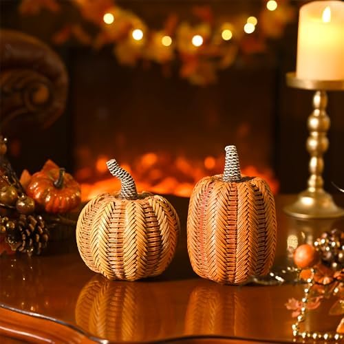 Valery Madelyn Thanksgiving Fall Decoration for Home Pumpkin Decor, 2pcs Resin Statue Artificial Rattan Pumpkins Figurine, Autumn Harvest Halloween Table Centerpieces, 6.2 inch