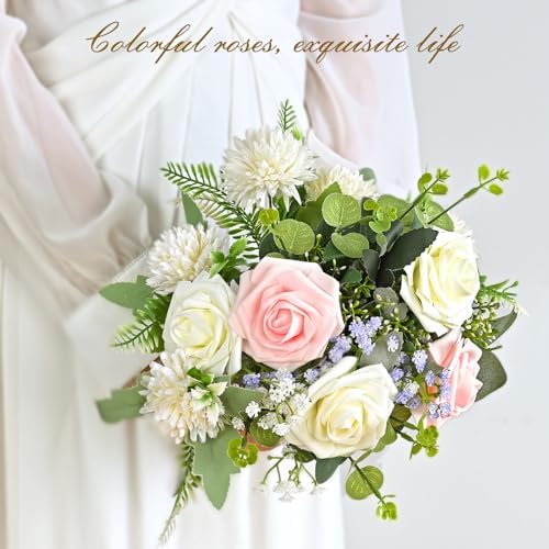BLEUM CADE 16Pcs Artificial Flowers Fake Foam Roses with Stems for Wedding