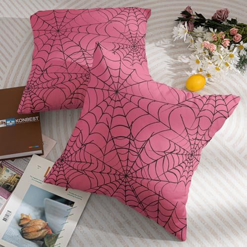 Pink Halloween Spiderweb Pillow Covers 20x20 Set of 2 Black Spider Web Outdoor Decorative Throw Pillows Halloween Scary Themed Farmhouse Pillowcases Linen Cushion Case Decor for Home Sofa Couch Bed