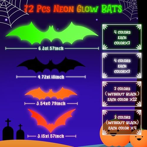 LOLStar Glow Halloween Bat Stickers, Neon Bat Wall Decals, 72PCS, 4 Sizes