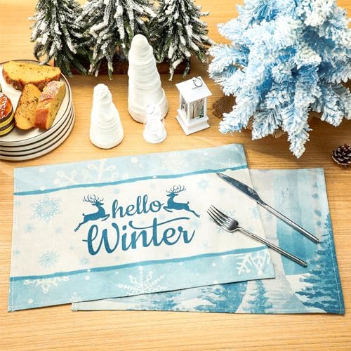 Hushee 6 Pcs Christmas Placemats Elk Winter Washable 12x18 Inch