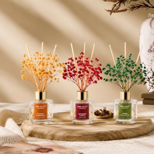 Airkeep Reed Diffuser Set of 3, Coconut Pineapple Lemon Eucalyptus Cranberry Apple Oil Reed Diffusers for Bedroom