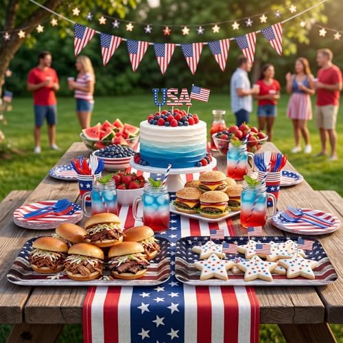 Vesici 3 Pcs Patriotic Serving Trays 13 x 10 Inch 4th of July American Flag Melamine Platters Red White Blue Reusable Rectangular Serving Dish for Independence Day Sharing Snack Fruit Dessert Candy