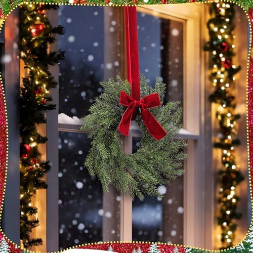 4 Pcs Small Christmas Norfolk Wreaths Evergreen 12.6 Inch Christmas Kitchen Cabinet Mini Wreaths Real Touch with Bow and Burgundy Ribbon for Xmas Front Door Window Home Table Pillar Decor