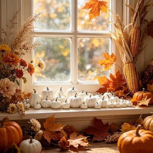winemana 46 Pcs Artificial White Pumpkins Fall Decorations