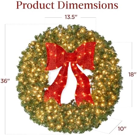Best Choice Products 36in Large Artificial Pre-Lit Fir Christmas Wreath Holiday Accent Decoration for Door, Mantel w/Red Lighted Bow, 150 LED Lights, 300 PVC Tips, Power Plug-in