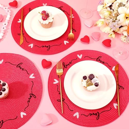 Tioncy Plastic Valentine Heart Placemats Set of 6 Round Red Love Place Mats 13.4 Inch Valentine's Day Washable Table Mats Kitchen Dinner Waterproof Placemat for Holiday Dining Table Wedding Decoration