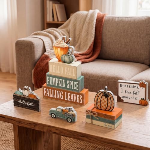 11 Pcs Fall Coffee Table Decor for Home, Wooden Pumpkin Spice Signs