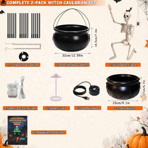 Halloween Decorations Outdoor, 2 Pack Witches Cauldron Set with Fog Effect, Skeleton and Green Lights, Halloween Witch Cauldron Decor with Tripod Stand for Outdoor Porch Yard Lawn Party