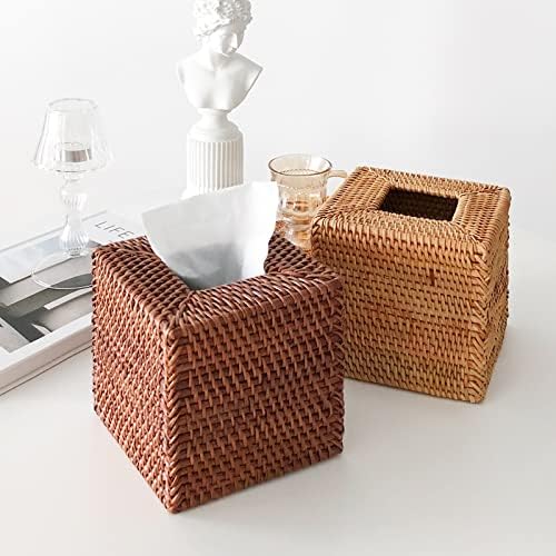 Rattan Tissue Box Cover Woven Facial Napkin Holder Square / Natural / 5.5 x 5.5 x 5.9