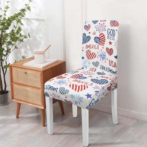 Independence Day Dining Room Chair Covers Set of 6,4th of July Fireworks Hearts Dining Chair Cover,Stretchy Removable Washable Dining Chair Cover,Suitable for 4th of July Kitchen Dining Room Decor