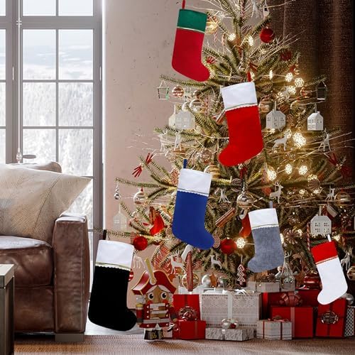 24 Pack Felt Christmas Stockings, 19 Inches Black and White Christmas Stockings, White Cuff with Gold Trim Christmas Stockings for Family Christmas Holiday Decorations