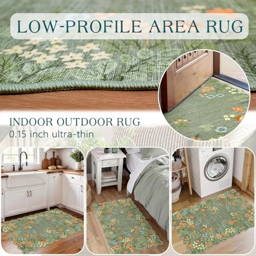 Front Door Mat Indoor Outside Entrance, 2x3 Sage Green Floral Rug