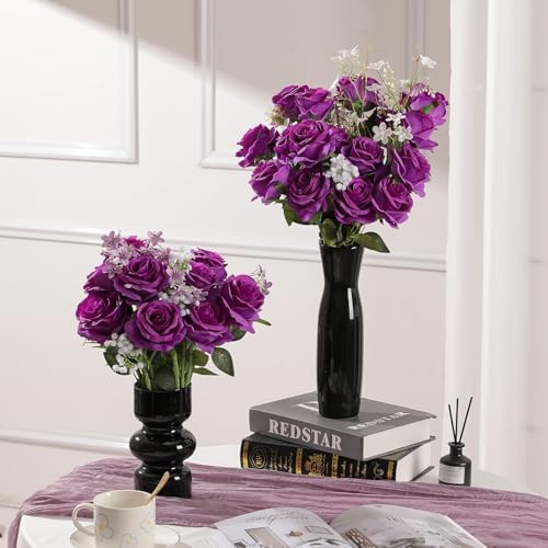 Nubry Artificial Silk Roses, 10Pcs Lifelike Fake Rose Bouquet, Purple Faux Flowers for Home Office Decor, Table Centerpiece, Wedding, Birthday Gift & Anniversary