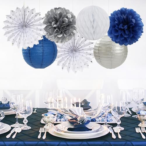 Navy-Blue White Silver Party-Decorations - 20pcs Graduation Paper Lanterns Fans,Tissue Pom Poms,Honeycomb Balls,Bunting,Birthday Bridal Bachelorette Christmas Baby Shower Wedding Decor Burgleda