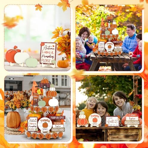 Maitys 21pcs Fall Tiered Tray Decor Set, Hello Fall Thanksgiving Pumpkin Wooden Signs Gnome Truck Wood Maple Leaf Garland Rustic Farmhouse Table Centerpieces for Autumn Thanksgiving Kitchen Home Decor